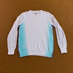 Metric Knits Womens Small White Turquoise Crochet Sleeve Crewneck Sweater